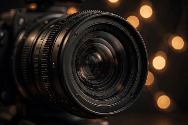 Cinema camera lens in a dark studio