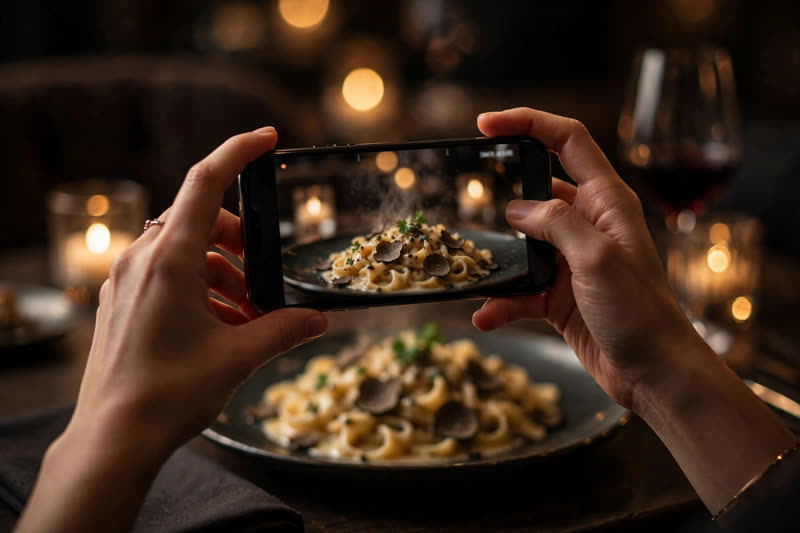 Creator filming a pasta dish by candlelight