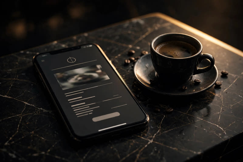 Elegant restaurant website on a phone, dark marble table
